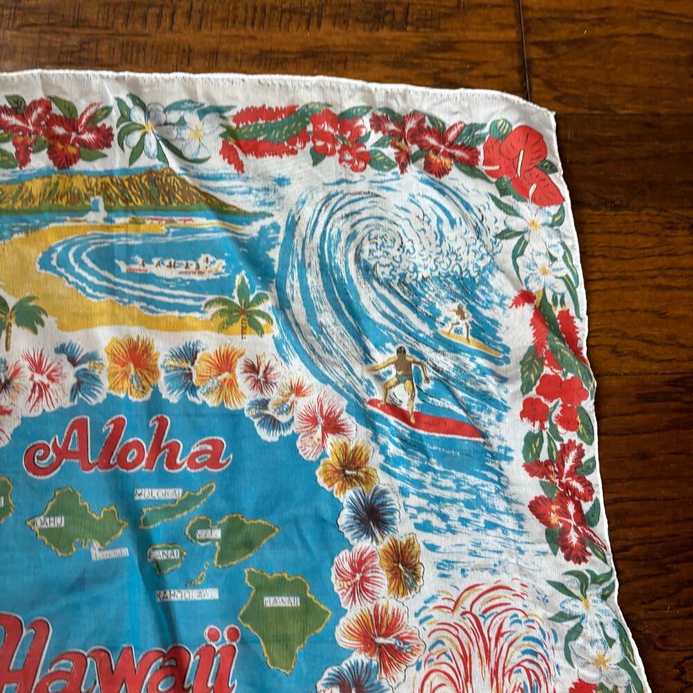 Vtg Hawaii Souvenir Scarf 50s 60s Aloha Map Volcano Surfing Made in Japan - Picture 2 of 9